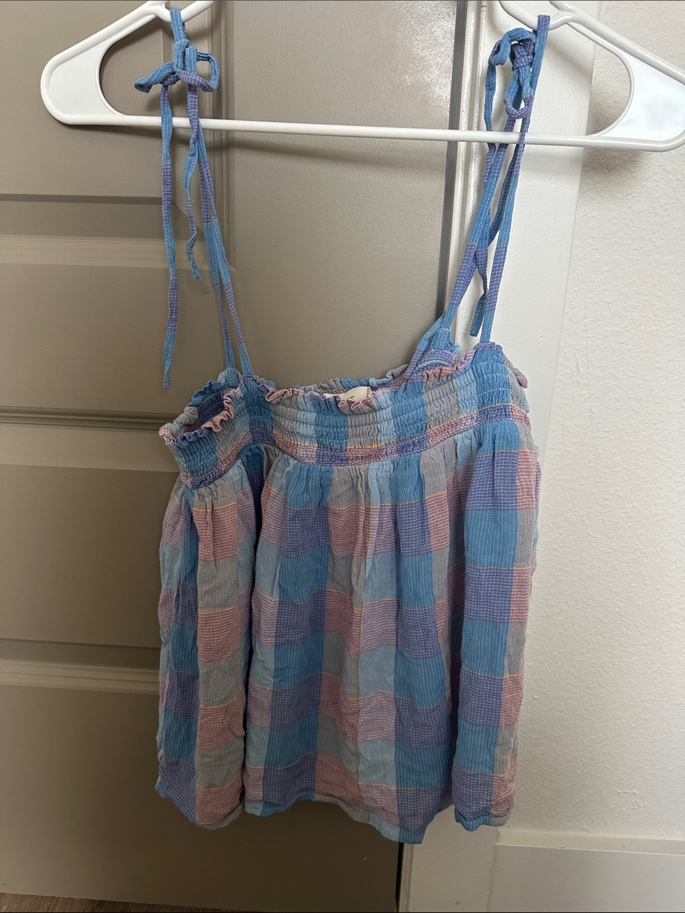 LOFT Blue and Pink Gingham Smocked Tie-Strap Camisole